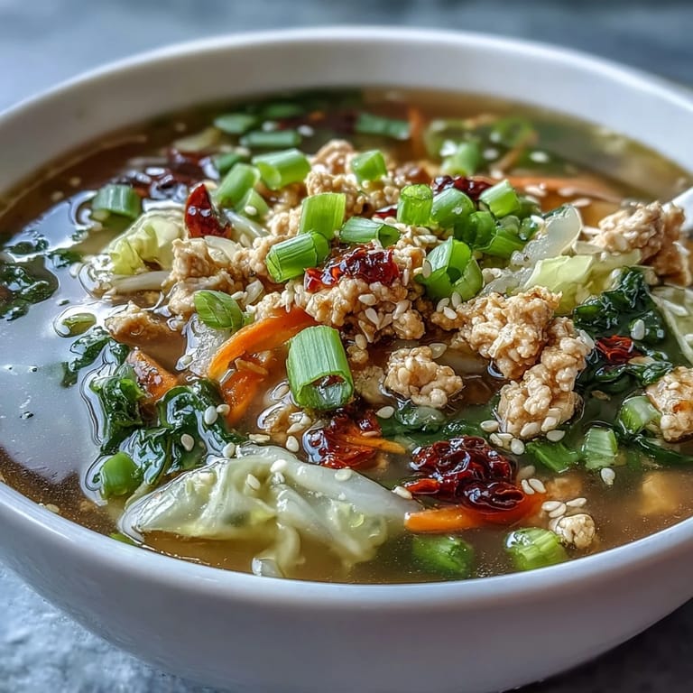 Steaming bowl of Egg Roll Soup with Chicken & Cabbage, garnished with green onions and chili crisp for a spicy finish.