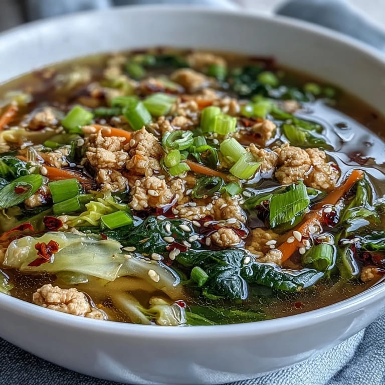 Egg Roll Soup with Chicken & Cabbage served in a rustic bowl, with a side of chopsticks for an authentic touch.