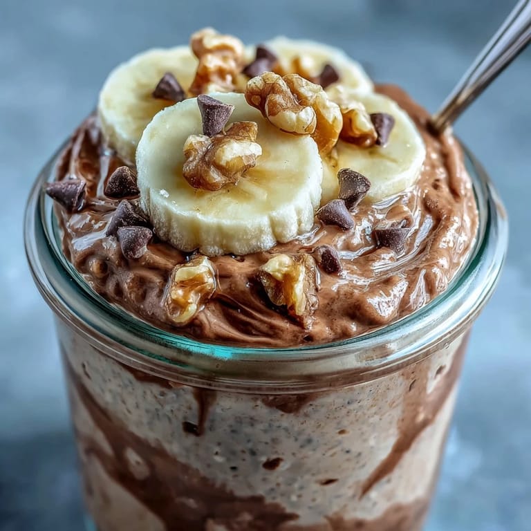 Close-up of Chunky Monkey Protein Overnight Oats revealing cocoa-infused oats, Greek yogurt, and rich banana and peanut butter layers.