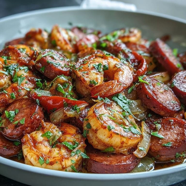 Close-up of Keto Cajun Shrimp and Sausage Skillet showing tender shrimp, bold spices, and vibrant bell peppers.
