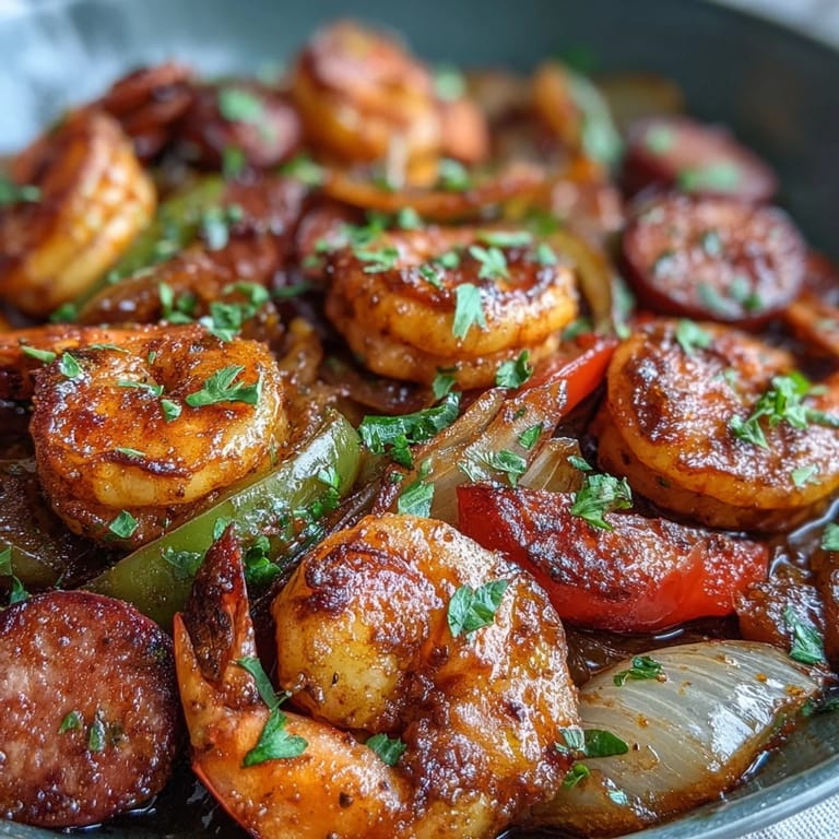 Sizzling Keto Cajun Shrimp and Sausage Skillet next to fresh lemon wedges and chopped parsley garnish.