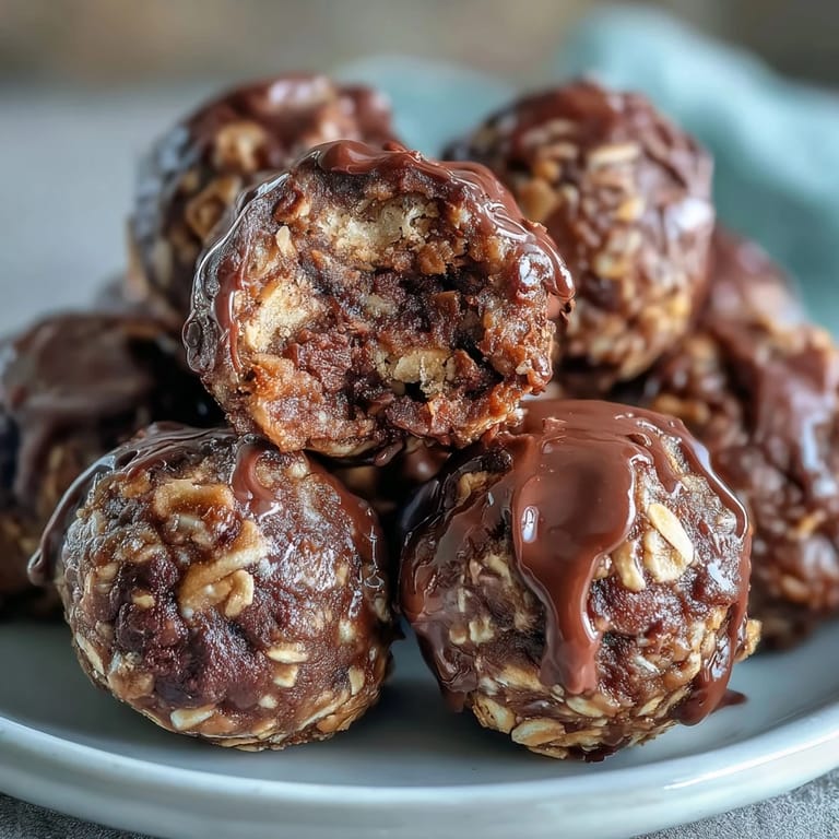 A hand holds one bite-sized Vegan Chocolate Peanut Butter Protein Ball, revealing a soft, chewy texture packed with oats and vegan chocolate chips.