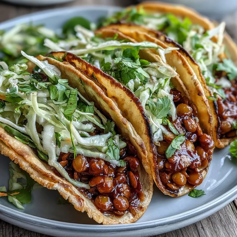 Golden tortillas filled with savory Vegan BBQ Lentil Tacos, finished with fresh cilantro and lime.