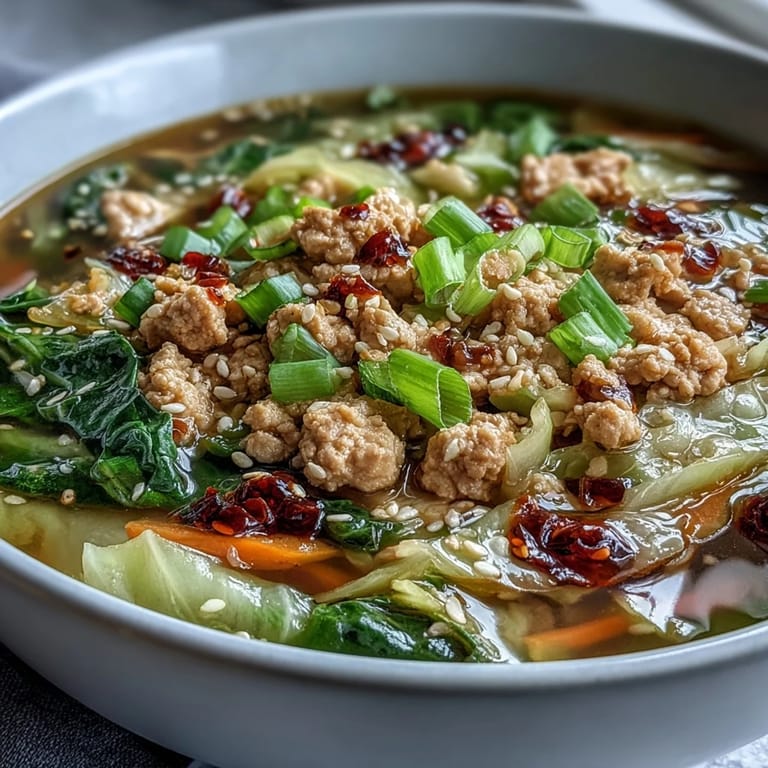Steaming bowl of Egg Roll Soup with Chicken & Cabbage, garnished with green onions and chili crisp for a spicy finish.