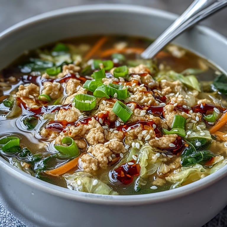 Egg Roll Soup with Chicken & Cabbage served in a rustic bowl, with a side of chopsticks for an authentic touch.