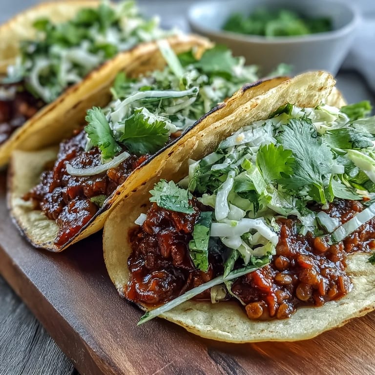 Golden tortillas filled with savory Vegan BBQ Lentil Tacos, finished with fresh cilantro and lime.