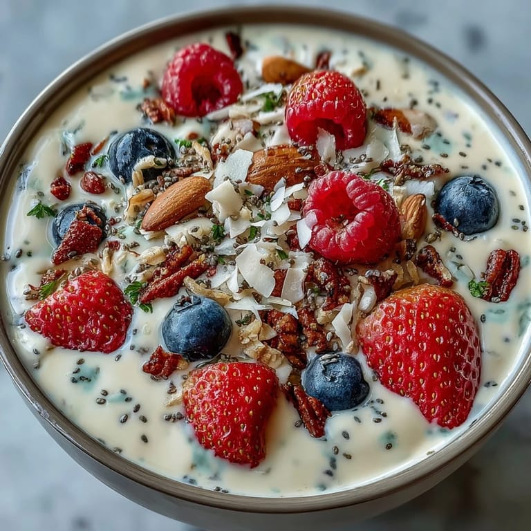 Creamy Greek yogurt blended with mixed berries and banana, finished with chia seeds and coconut flakes in a colorful smoothie bowl.
