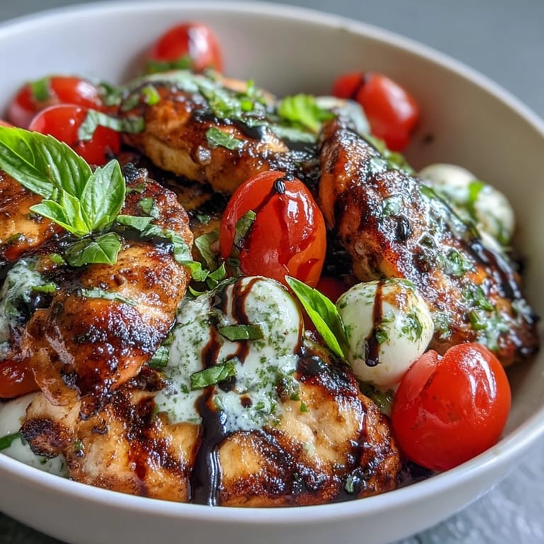 Colorful Grilled Chicken Caprese Bowls with Balsamic Reduction featuring sliced grilled chicken, ripe tomatoes, creamy mozzarella, and fresh basil leaves, topped with a glossy balsamic glaze.