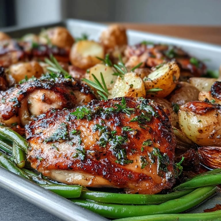 A vibrant, easy-to-make sheet pan dinner featuring zesty lemon garlic chicken, roasted potatoes, and fresh green beans for a healthy meal.