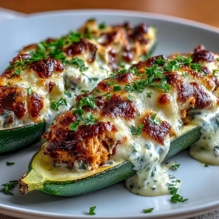 Cheesy zucchini boats stuffed with shredded chicken and rich garlic cream sauce, a satisfying keto-friendly main dish.