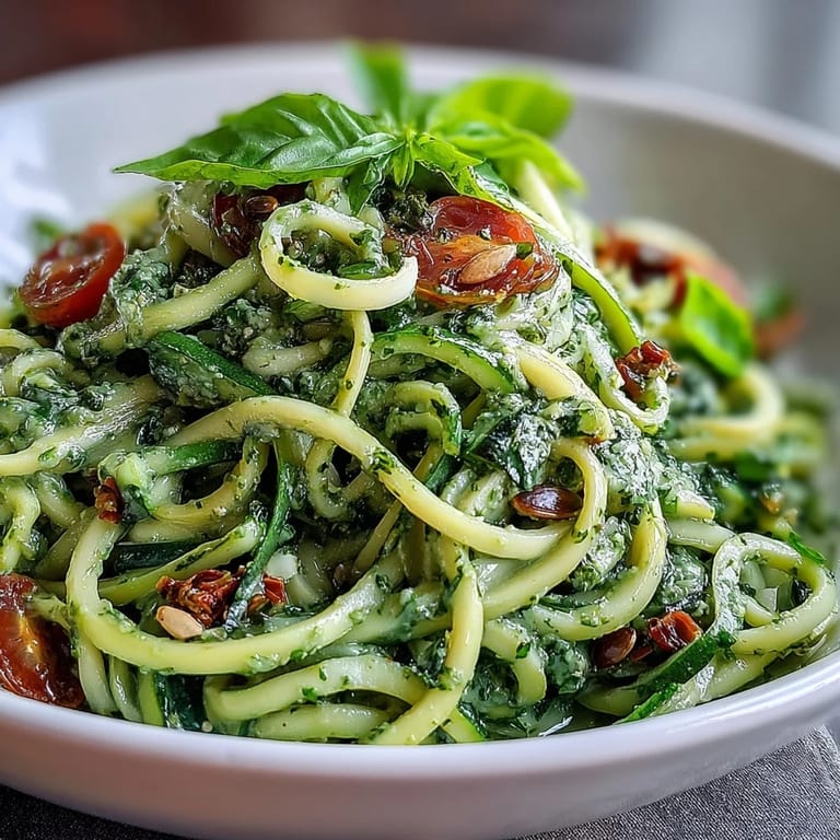 Raw or lightly sautéed zucchini noodles tossed in rich pumpkin seed pesto, perfect for quick healthy dinners.