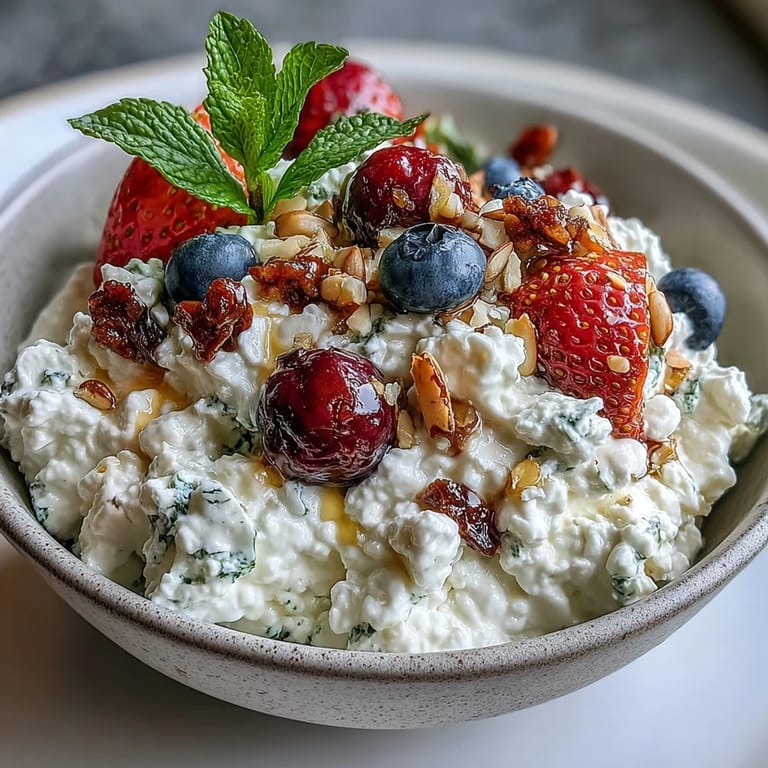 Creamy cottage cheese paired with fresh mixed berries and a sprinkle of chia and flax seeds, offering a satisfying crunch and natural sweetness in every bite.