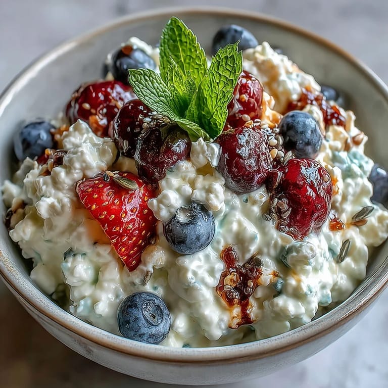 A colorful, easy-to-make cottage cheese berry bowl with a medley of seeds and a drizzle of honey, ideal for a healthy, gluten-free vegetarian treat.