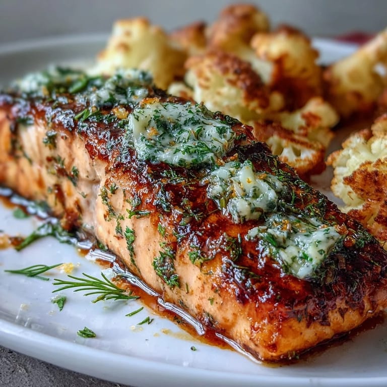 Succulent salmon fillets with fragrant herb butter, paired with smoky roasted cauliflower for a satisfying keto meal.  