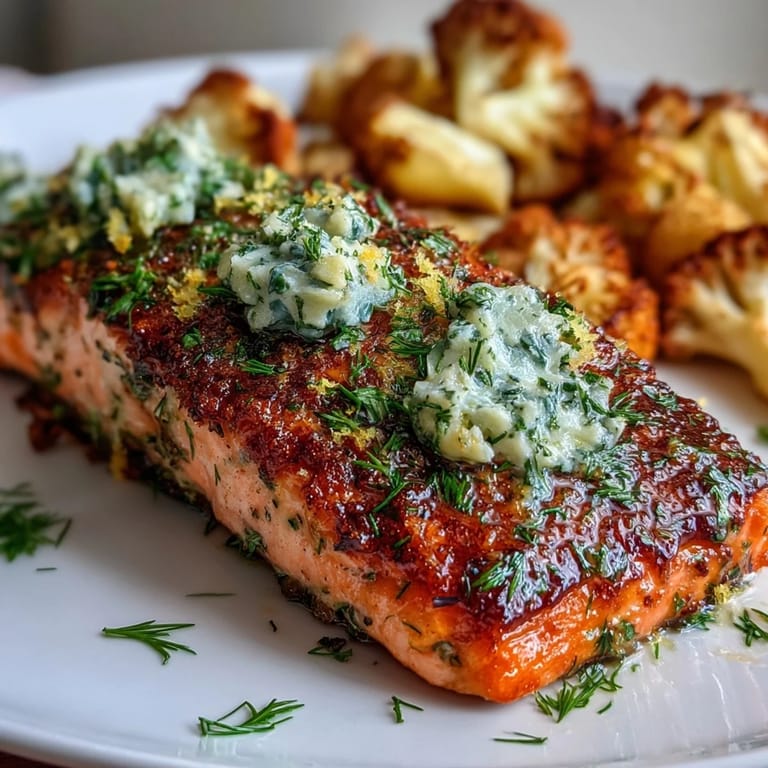 A vibrant plate of herb butter salmon and roasted cauliflower, perfect for easy low-carb dinners and healthy eating.