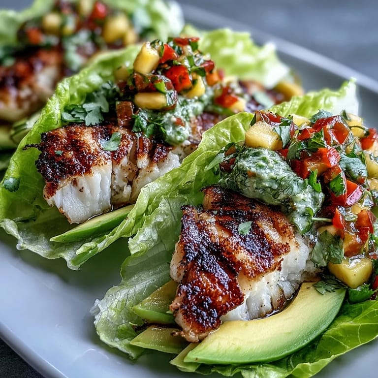 Vibrant grilled fish tacos in lettuce shells featuring fresh mango salsa, red onion, and bell peppers for a tropical twist.