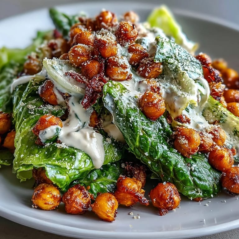 Golden-brown roasted chickpeas top a bed of fresh romaine lettuce, drizzled with rich cashew Caesar dressing for a dairy-free twist on the classic.  