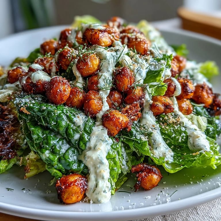 This vibrant vegan Caesar salad features crunchy roasted chickpeas and a velvety cashew dressing, garnished with vegan Parmesan for extra flavor.