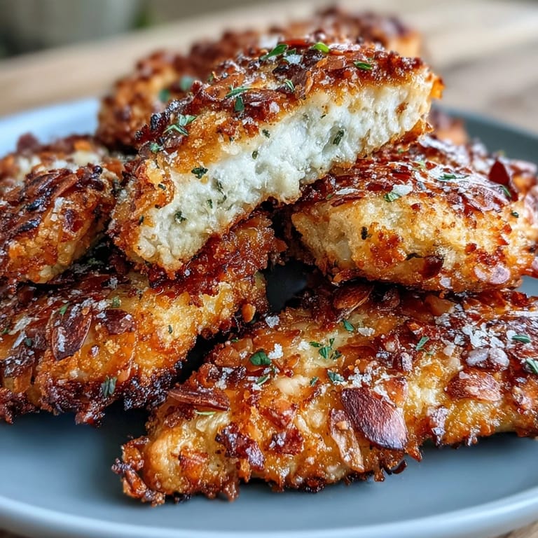 Golden-brown Parmesan almond crusted chicken tenders with a side of tangy ranch slaw, perfect for a low-carb dinner.