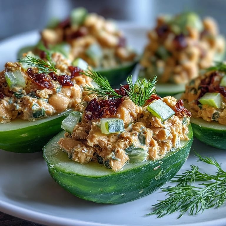 Protein-packed chickpea salad with dill and lemon, served in refreshing cucumber halves for a satisfying snack.  