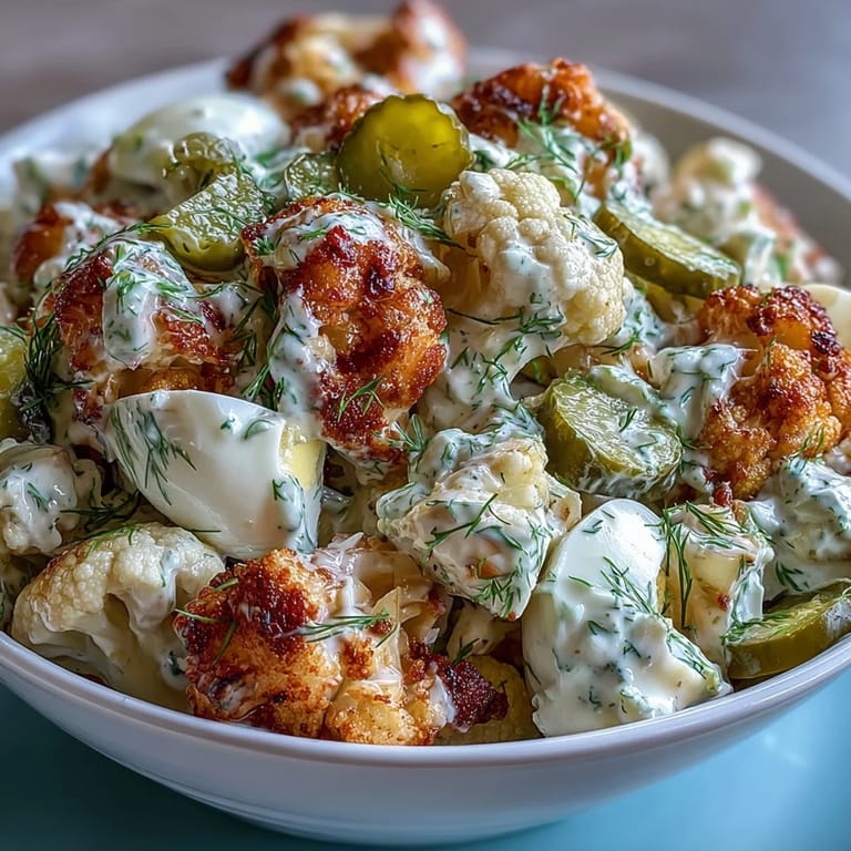 Low-carb cauliflower potato salad with dill pickles, hard-boiled eggs, and tangy Dijon mustard dressing for keto diets.  