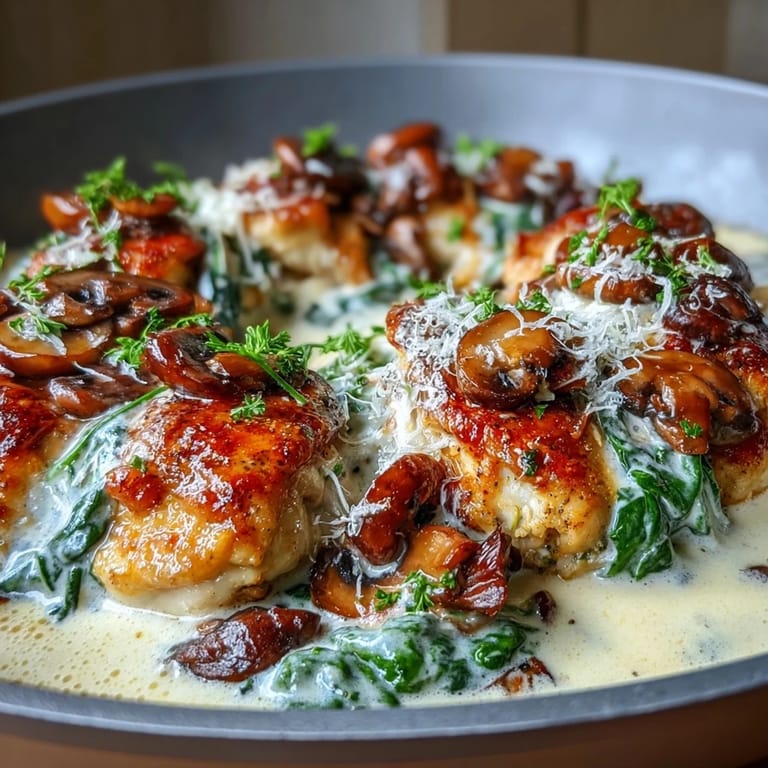 Creamy spinach mushroom chicken skillet with juicy seared chicken, sautéed mushrooms, and Parmesan cream sauce, perfect for low-carb diets.