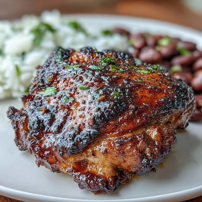 Spicy jerk-marinated chicken thighs roasted to perfection, paired with fragrant coconut rice and peas.  