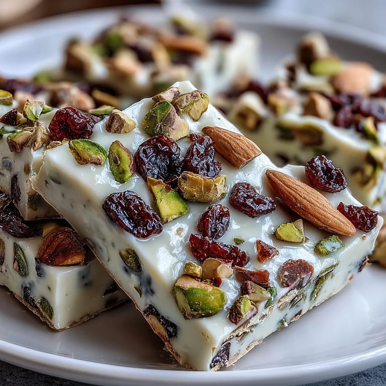 Easy homemade pistachio white chocolate bark with festive red and green toppings for holiday gifting.  