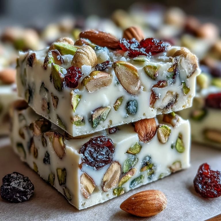 Rich white chocolate bark studded with vibrant dried fruits and roasted pistachios for a sweet, crunchy treat.