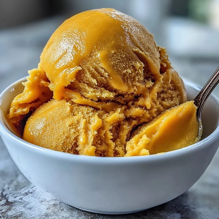 Silky smooth mango sorbet with a hint of lime, served in a chilled glass for an elegant dessert.  