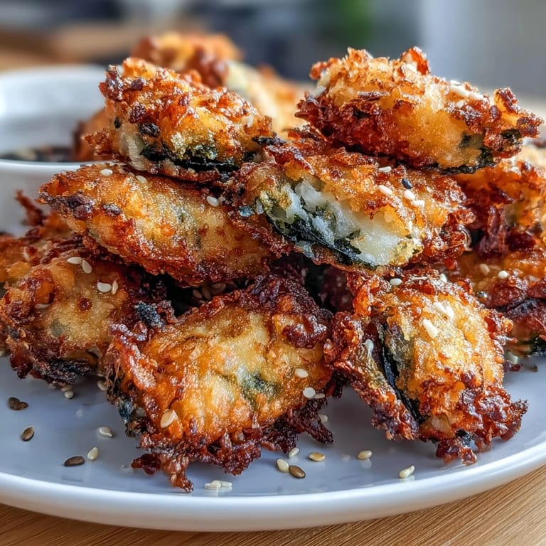 Light and airy nori tempura, fried to perfection and paired with a tangy soy-mirin dipping sauce for a delightful appetizer.