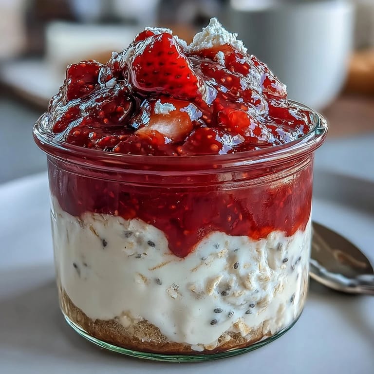Rich overnight oats topped with luscious strawberry chia jam, offering a burst of fruity flavor in every bite.
