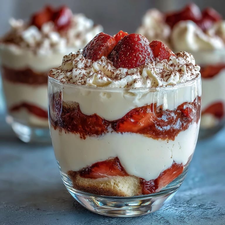 Decadent strawberry tiramisu cups layered with coffee-infused savoiardi, luscious mascarpone filling, and vibrant fresh strawberries, ideal for special occasions.