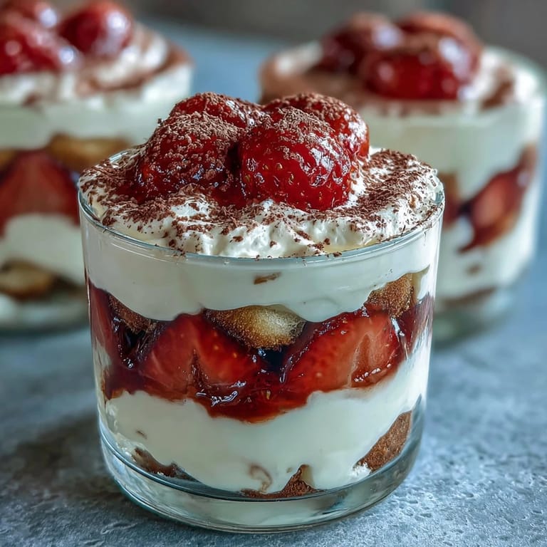 Elegant individual strawberry tiramisu cups featuring fluffy mascarpone cream, juicy berries, and cocoa-dusted ladyfingers for a sweet romantic treat.
