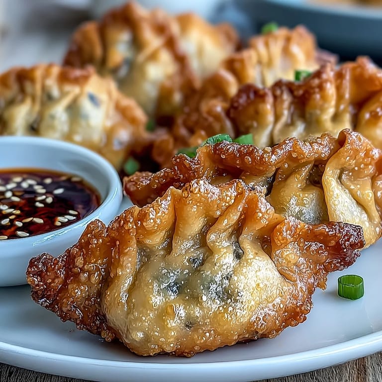 Golden pork dumplings with a savory filling, air fried to perfection and paired with a vibrant chili oil dip.  