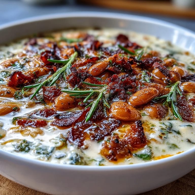 Velvety white bean soup with smoky bacon and fragrant rosemary, served steaming hot and topped with fresh parsley.
