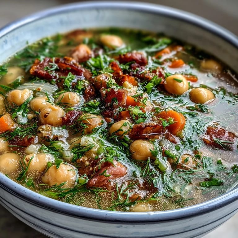 Creamy chickpea and ham soup with lemon zest and fresh dill, served steaming in a cozy soup bowl.