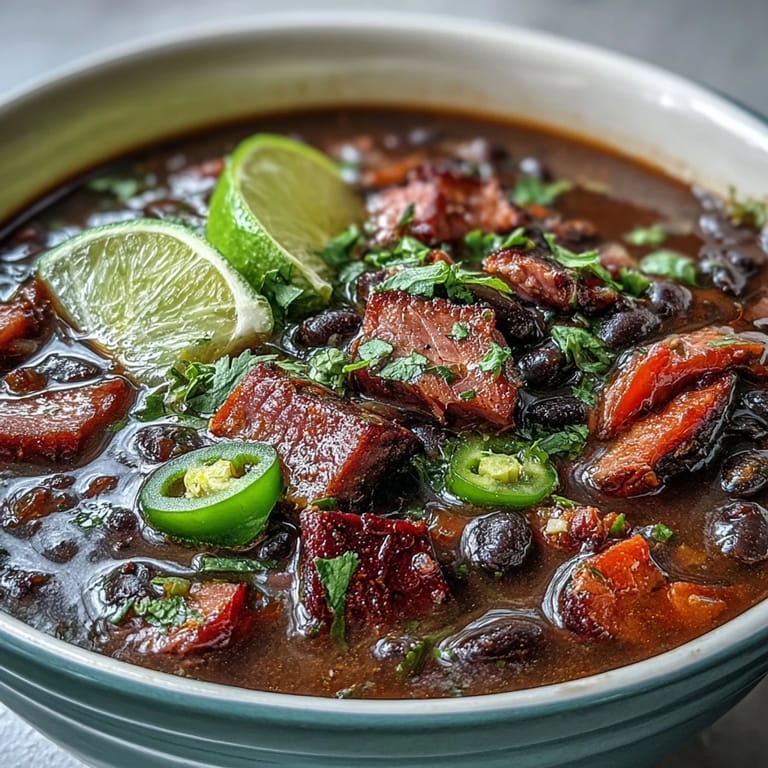 Hearty black bean soup with smoky ham, diced vegetables, and jalapeños for a spicy, warming winter meal.  