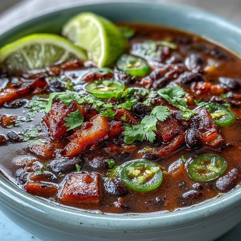 Spicy jalapeño and black bean soup with tender ham chunks, served hot in a rustic bowl.
