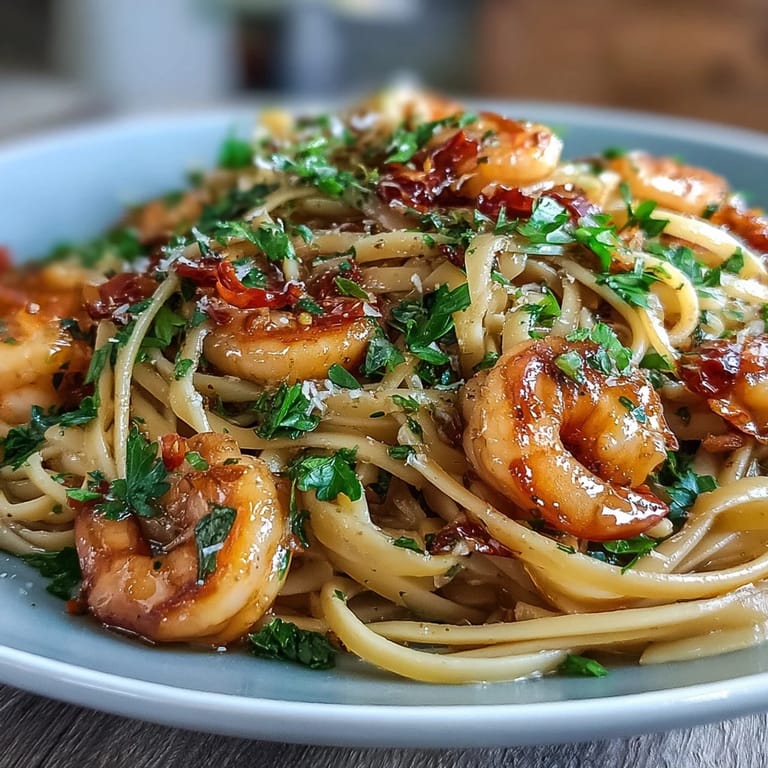 Golden shrimp and linguine twirled in a fragrant, spicy garlic-chili sauce, finished with lemon zest and fresh parsley.  
