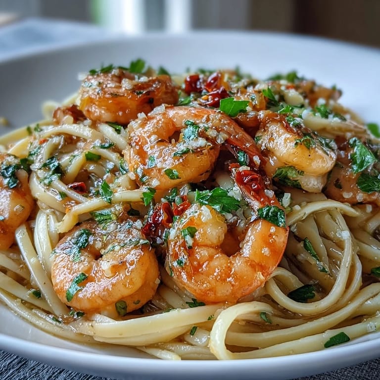 Spicy Chilli-Garlic Shrimp Linguine featuring tender shrimp, zesty garlic-chili oil, and parsley tossed with perfectly cooked pasta.