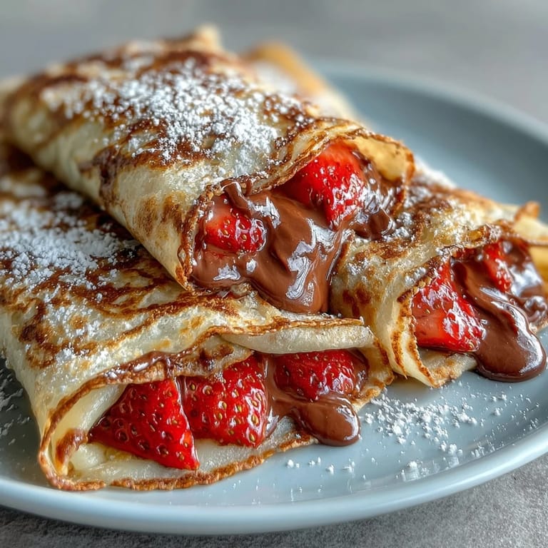 Fluffy crêpes filled with creamy chocolate-hazelnut spread and juicy strawberries, perfect for sharing with friends at a festive brunch.