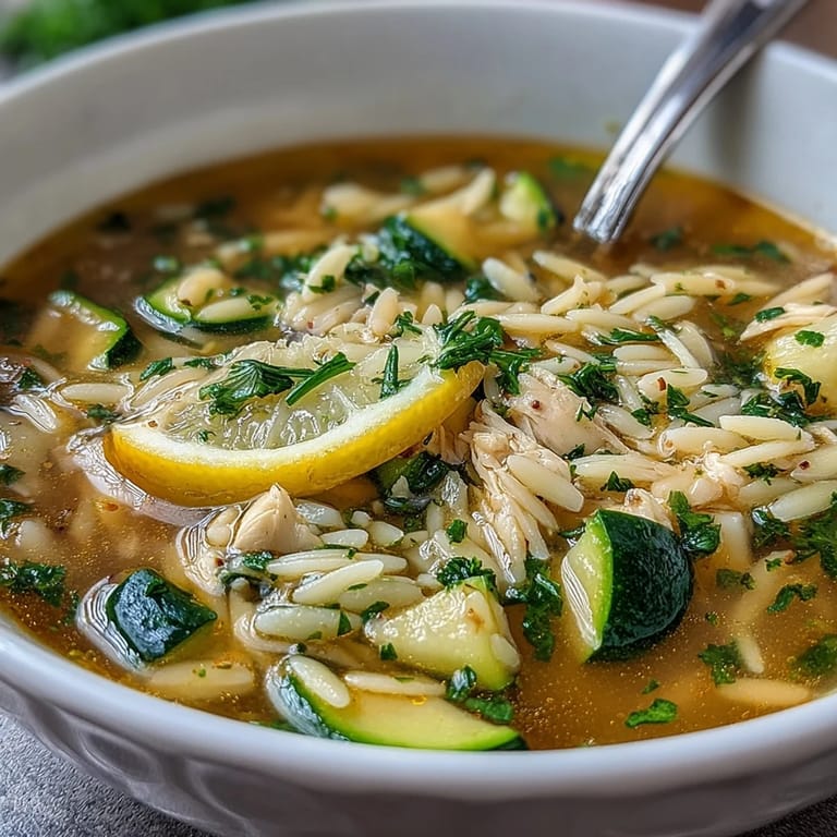 A vibrant bowl of One-Pot Lemon Chicken and Zucchini Orzo Soup, featuring juicy chicken, delicate orzo, and zesty lemon in a savory broth.