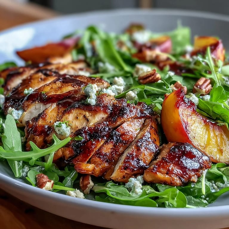Overhead shot of a summer salad featuring tender grilled chicken, sweet peaches, peppery arugula, and a glossy balsamic glaze.
