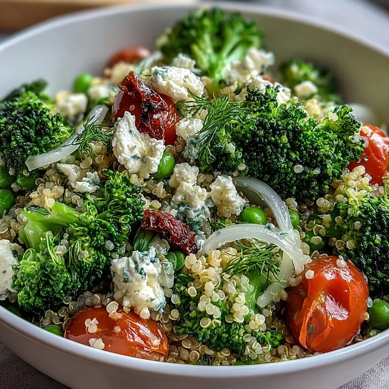 Nutty quinoa paired with steamed broccoli, sweet peas, and creamy feta, topped with fresh parsley in this easy, protein-packed lunch.