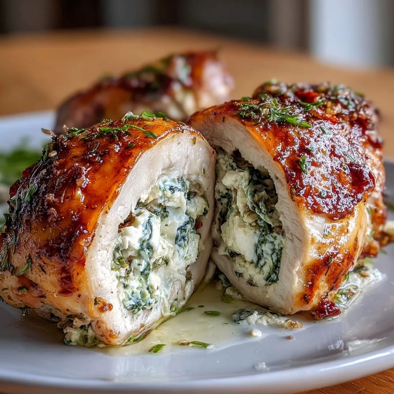 Tender chicken breasts filled with fresh spinach, crumbled feta, and garlic, served with a side of roasted vegetables.  