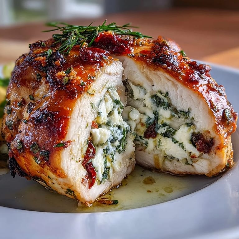 Juicy chicken breasts stuffed with a blend of spinach, feta, and sun-dried tomatoes, perfect for an elegant weeknight dinner.