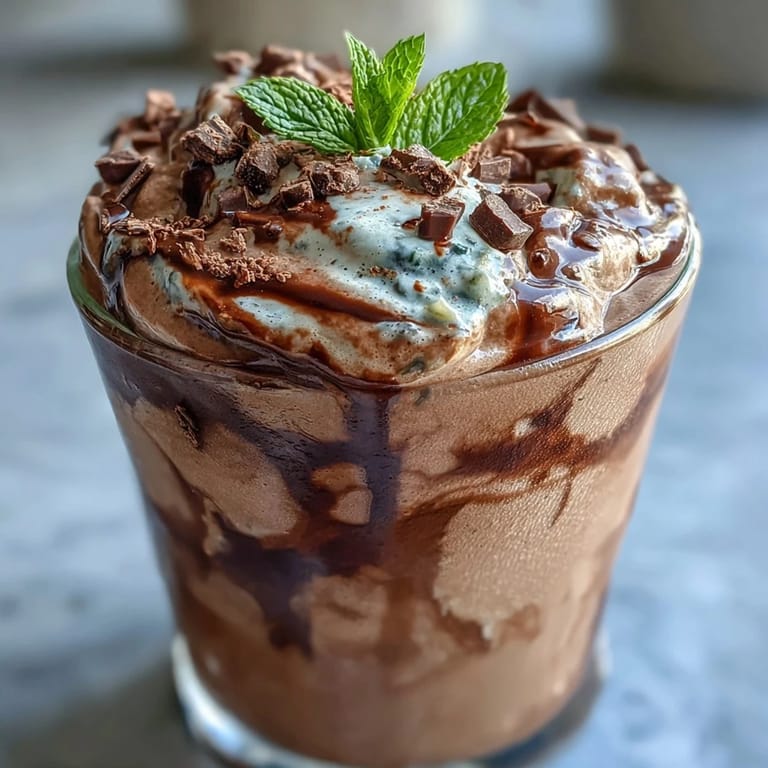 Rich chocolate protein powder blends with cool mint and sweet frozen banana in this easy, energizing smoothie.  