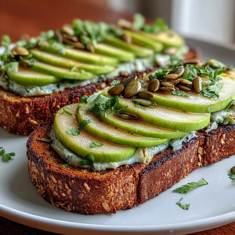 Crunchy pumpkin seeds and crisp green apple slices adorn creamy avocado spread on toasted multigrain bread.  