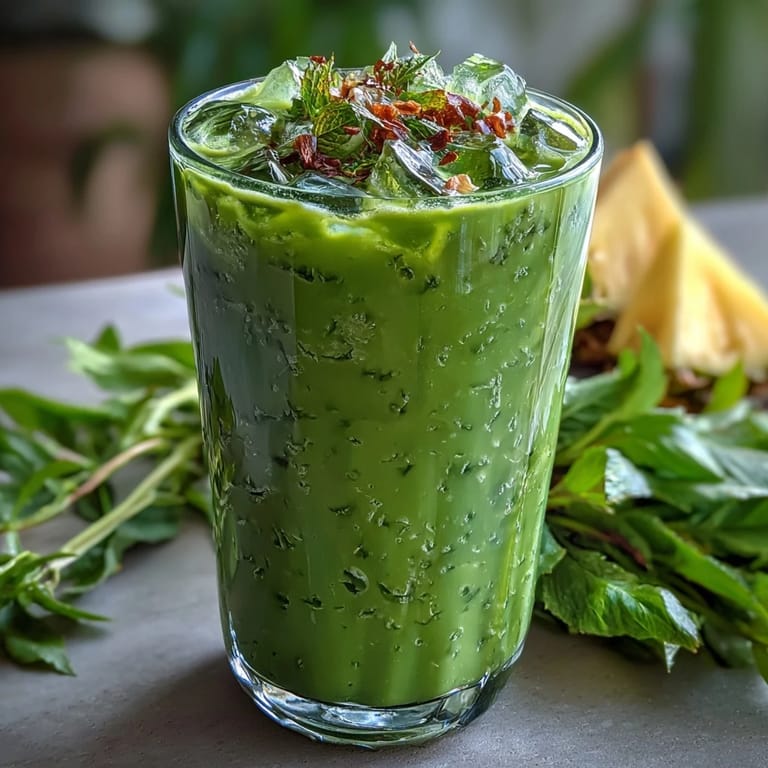 Tropical pineapple and spinach smoothie garnished with a banana slice, perfect for a healthy breakfast or snack.